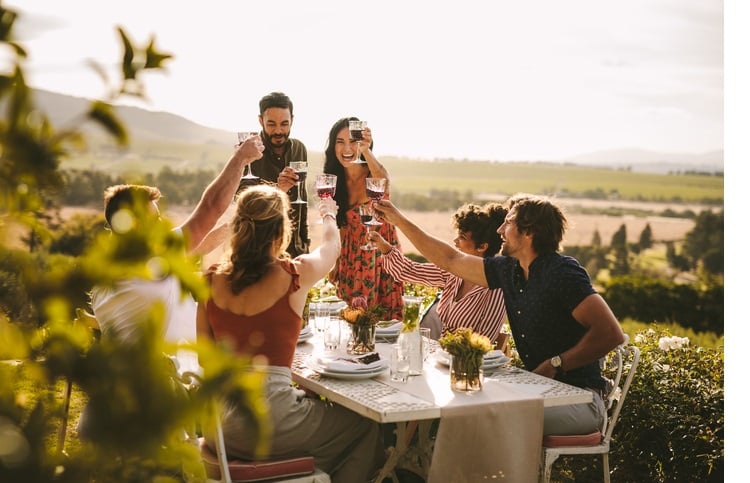 Group of people toasting wine during a dinner party.