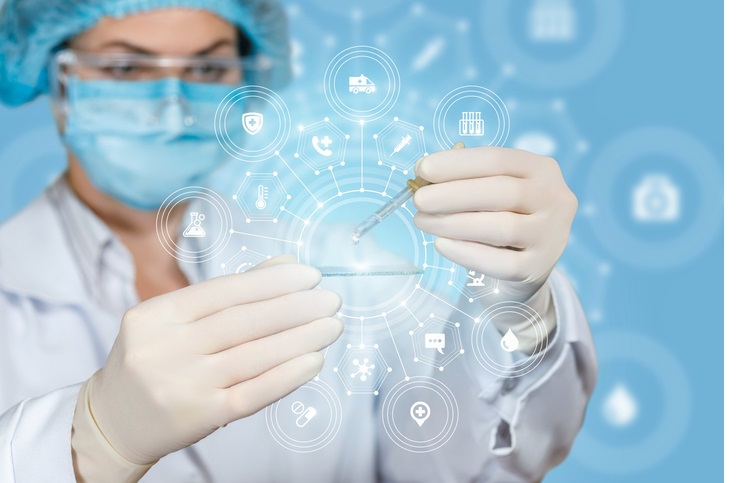 A laboratory assistant is operating with pipette and sample on flat glass with the total medical service and scientific unit system. The concept of innovative researches and medicine correlation.