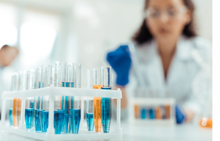 Medical research. Selective focus of new experimental vaccine being in the test tubes