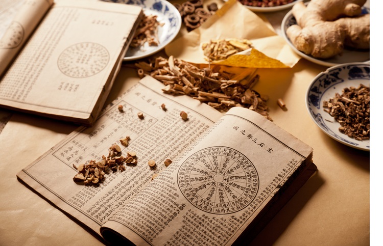 Ancient Chinese medical books in the Qing Dynasty, the Chinese herbal medicine on the table