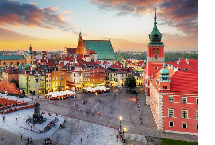 Night panorama of Old Town in Warsaw, Poland