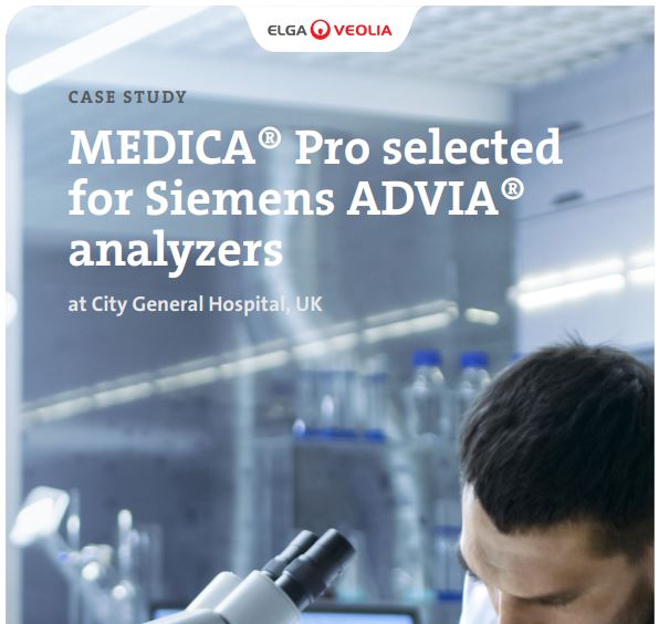 Titel der Referenz "MEDICA-Reinstwassersysteme für Siemens ADVIA-Analysatoren in englischem Krankenhaus"
