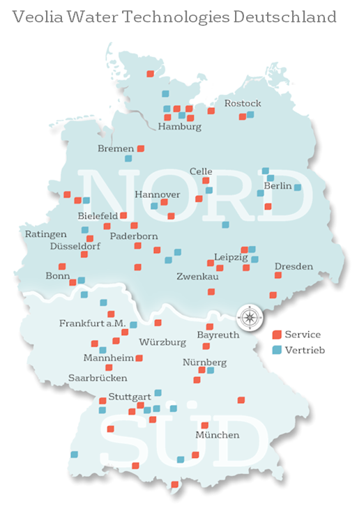 Karte AQUAservice und Vertrieb Veolia Water Technologies Deutschland