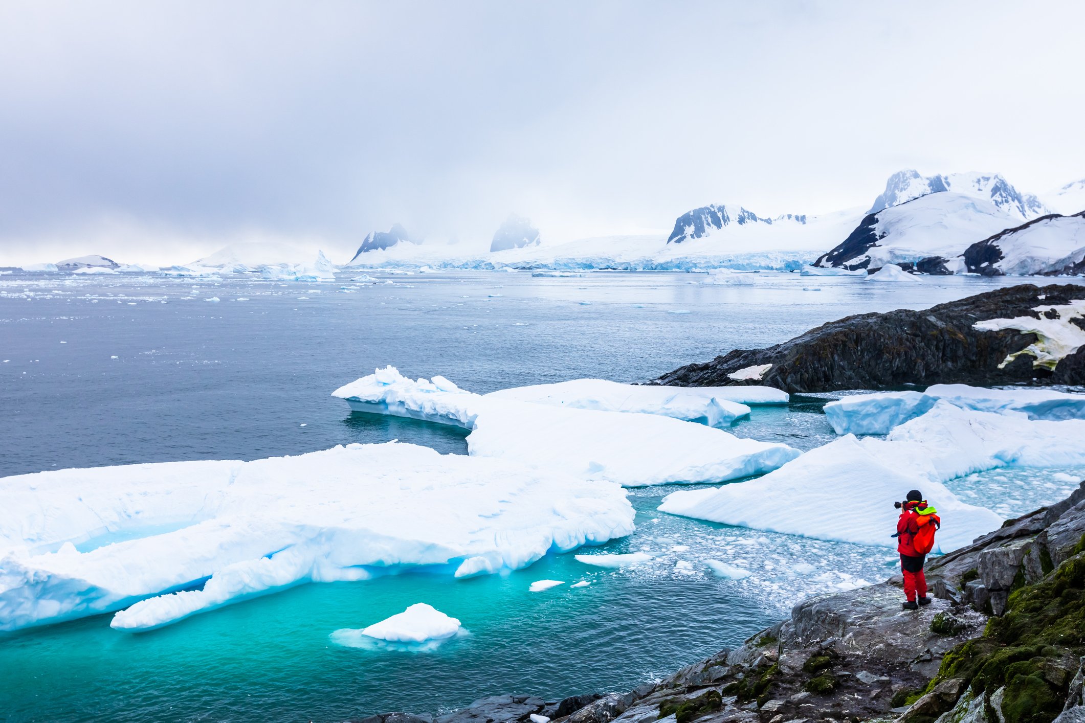 Antarctica with icebergs, snow, mountains and glaciers, beautiful nature in Antarctic Peninsula with ice science
