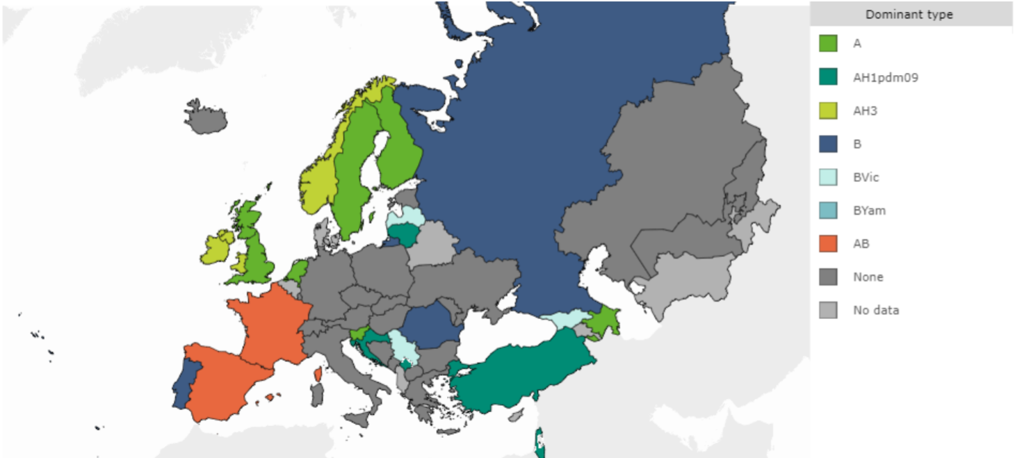 map of the prevalent WHO strains of influenza virus in European Region